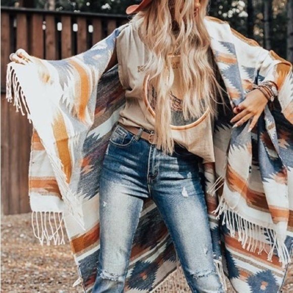 New Aztec Print Poncho Fringed Tribal Print Wrap - Picture 5 of 5